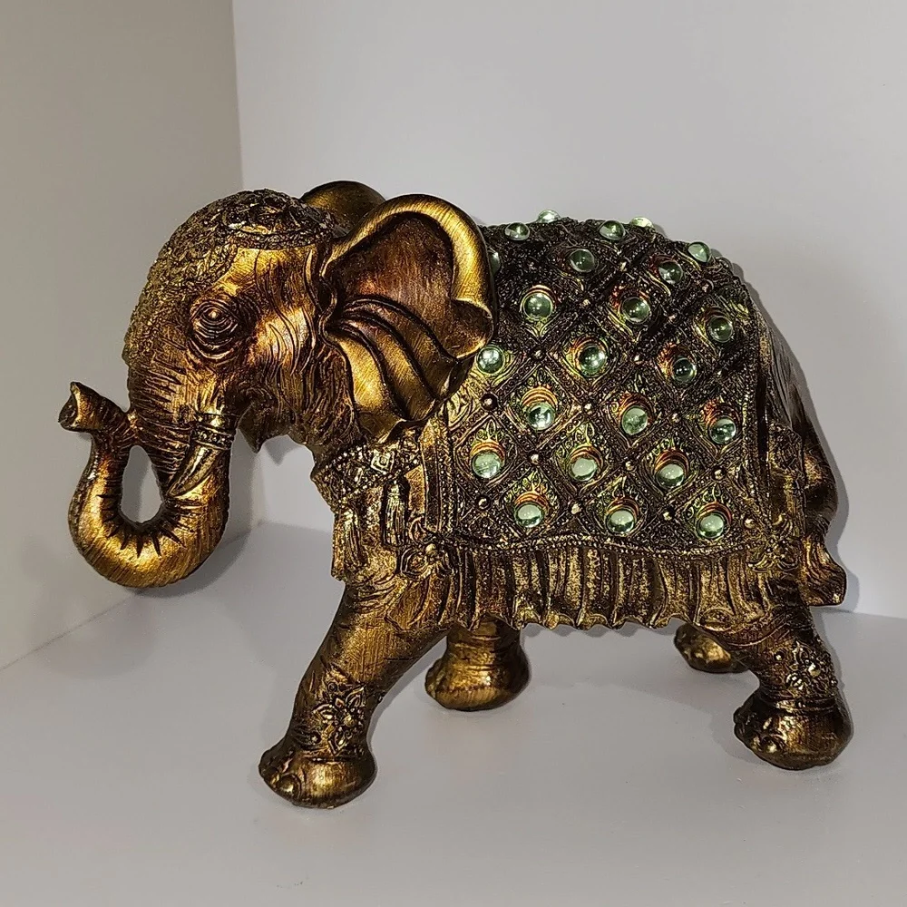 Trunk Up Gold Elephant Figurine with Green Accents